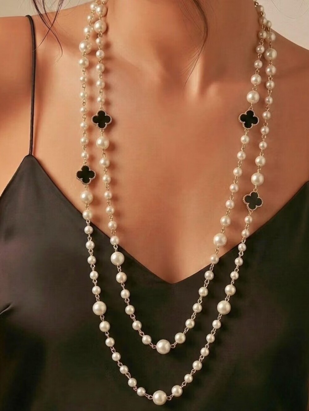 Long Pearl Necklace Layered Clover 14K Gold-plated